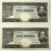 AUSTRALIA 1960 . FIVE 5 POUNDS BANKNOTES . CONSECUTIVE PAIR . RARE